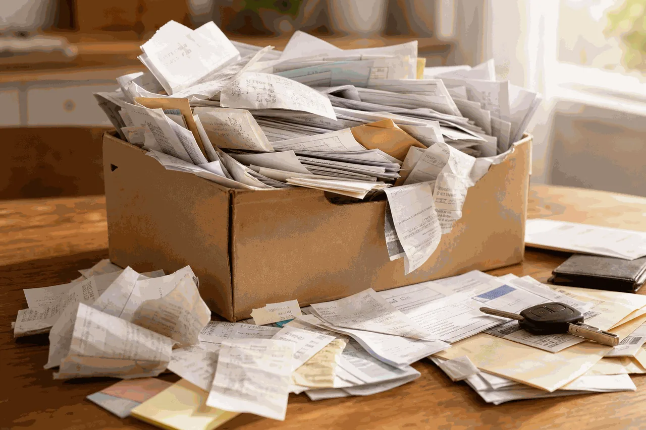 Messy pile of household papers